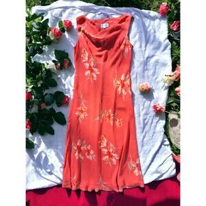 STUDIO I Vintage Size 14 Drape Front Sleeveless Floral Coral Sheath Long Dress